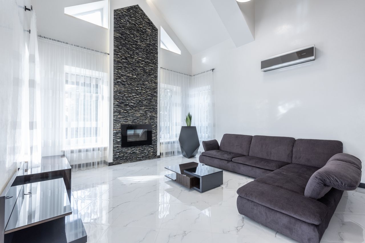 Interior of elegant minimalist living room with soft couch and electric fireplace decorated with geometric pot of green plant in daylight