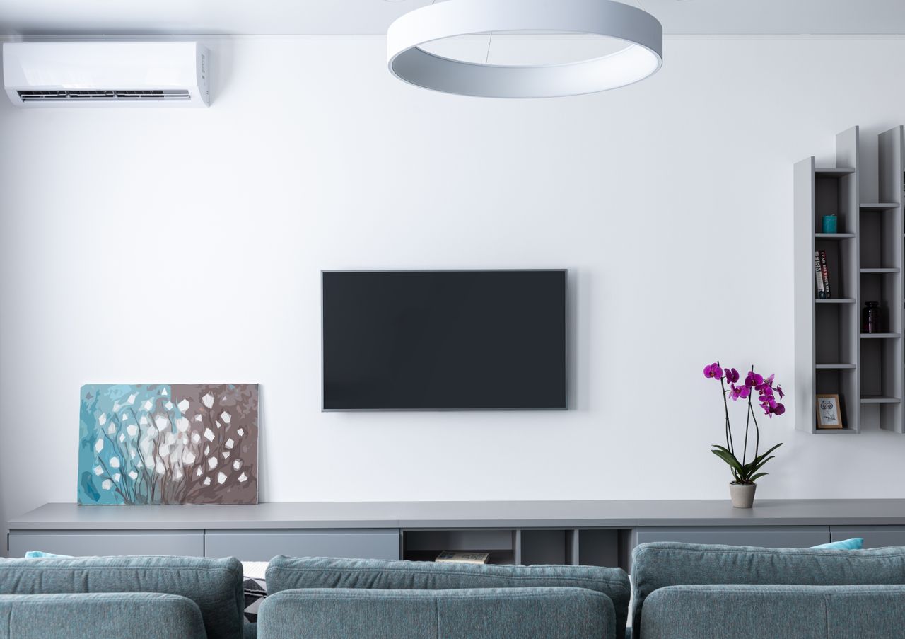 Mastering the First Impression: Your intriguing post title goes here Contemporary living room decorated with purple flowers and rectangular shaped shelves handing on wall